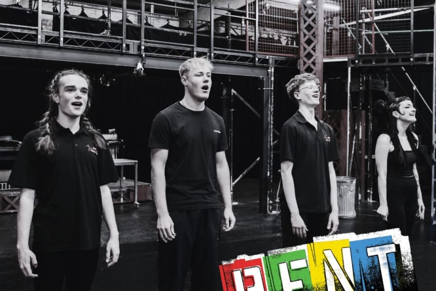 A rehearsal image from 'Rent - School Edition.'