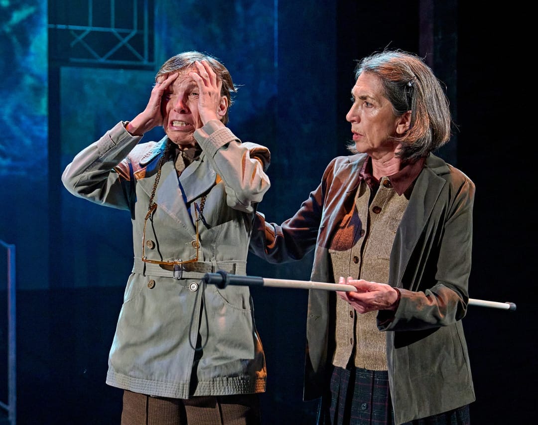 A production image from ‘Don’t Look Now.’ The two sisters stand together. Sister 1, on the right, places her hand on the shoulder of Sister 2, who is holding both hands to her head and has an extremely panicked expression on her face. The stage behind them is lit a deep blue colour.