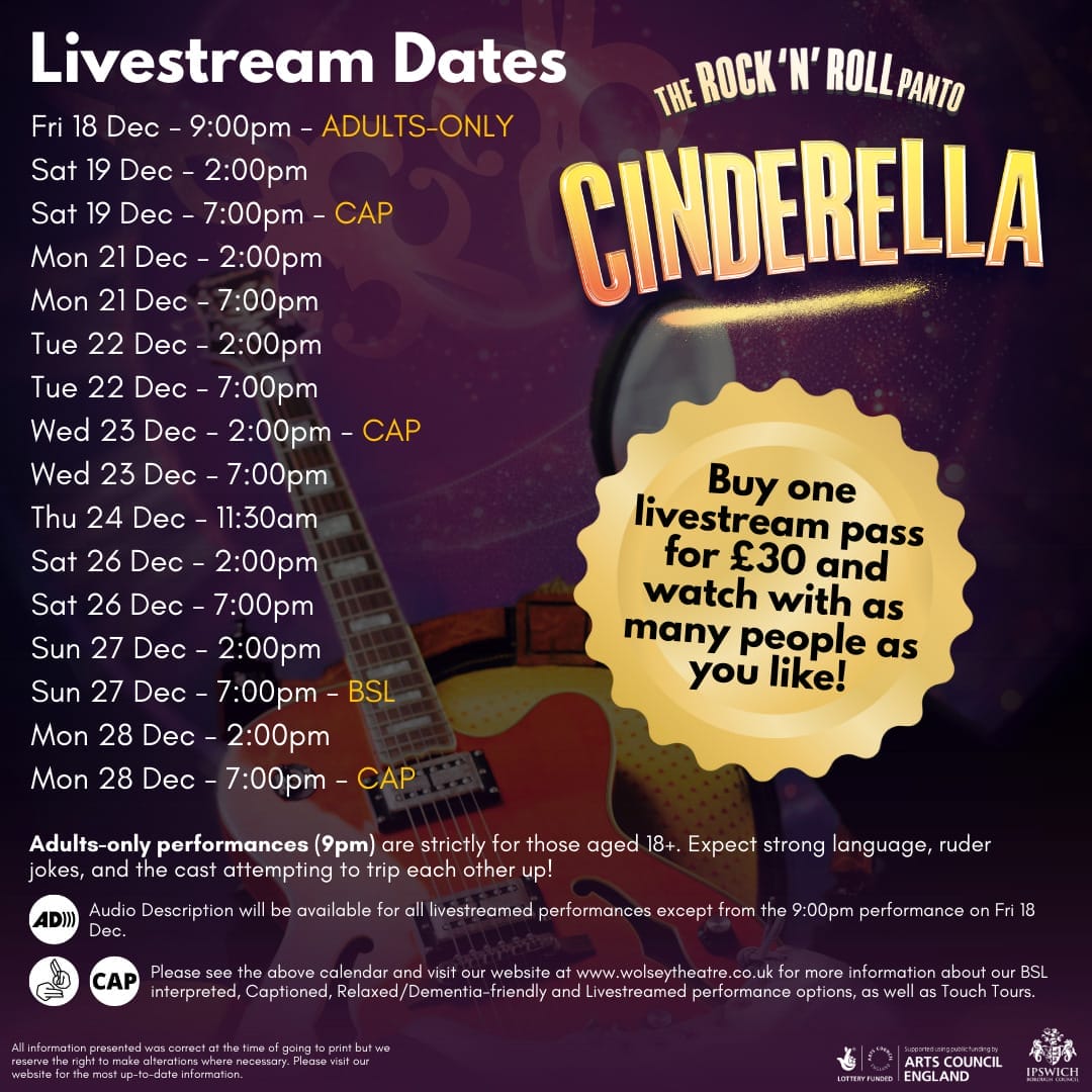 An image listing the livestreamed performances of the 2026/27 Rock 'n' Roll pantomime, 'Cinderella.'